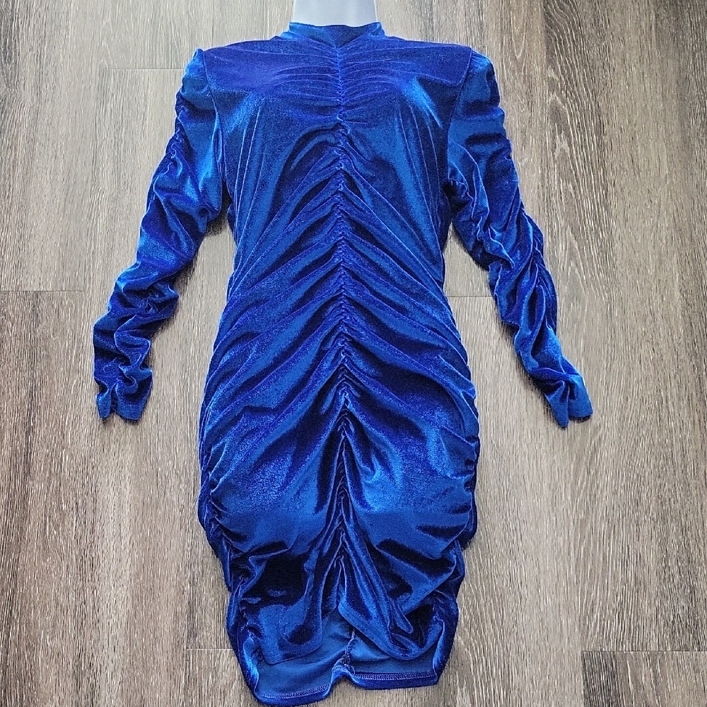 Elegant Velvet  Blue Long Sleeve  Dress
